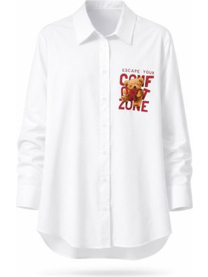 Miss Poem Kadın Beyaz Ayıcık Baskılı Pamuklu Gömlek