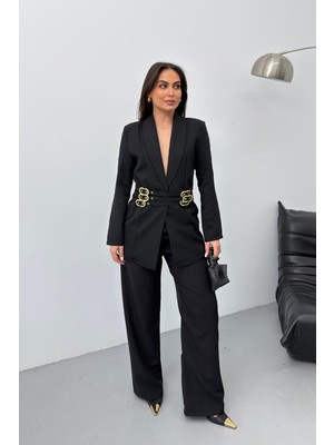 Spirituel Kadın Siyah Ikili Takım Şık Gold Kemerli Vatkalı Blazer Ceket Bol Paça Pantolon Takım