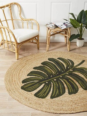 Kilim Home Boho 912 Yaprak Minimalist Tema Etnik Örgü Yuvarlak Natural Renk Çift Taraflı Halı