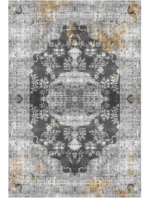 Kilim Home Mars 2155 Gri Siyah Hardal Sarı Vintage Desenli Dokuma Taban Halı