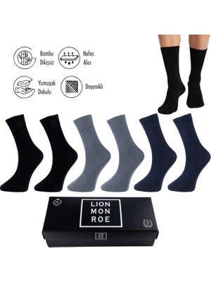 Lion Monroe Saf Bambu Erkek Soket Uzun Düz Siyah-Füme-Lacivert Çorap Dikişsiz Premium Kutulu 6'lı L5952AZNB SoftAura