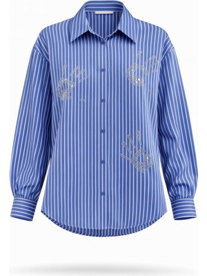 Miss Poem Kadın Mavi Çizgili Taş Işlemeli Uzun Kollu Gömlek
