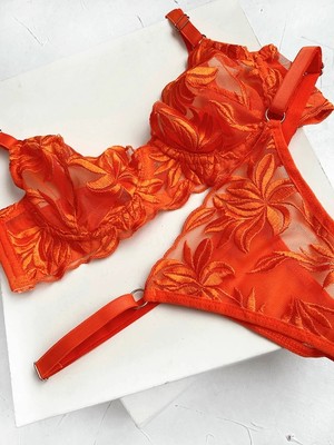 Romantik Brode Nakışlı Şeffaf Tül Bralet Takım - Yaprak Desenli