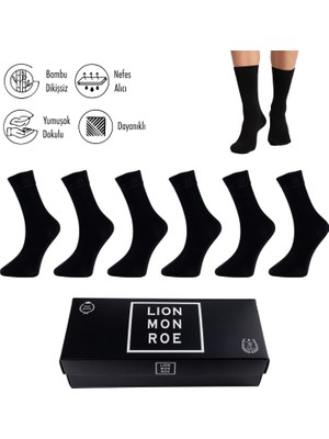 Lion Monroe Saf Bambu Erkek Soket Uzun Düz Siyah Çorap Dikişsiz Premium Kutulu 6'lı L5952AZNB SoftAura