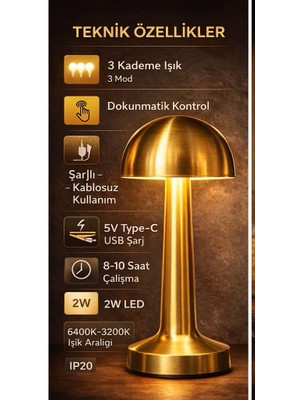 Cata Lizbon Şarjlı Masa Lambası Gold – Dokunmatik 3 Kademe Kablosuz LED Restoran & Cafe Lambası