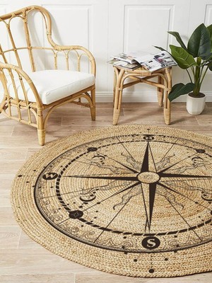 Kilim Home Boho 942 Pusula Tema Etnik Örgü Yuvarlak Natural Renk Çift Taraflı Halı