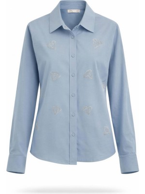 Miss Poem Kadın Mavi Gömlek Yaka Taşlı %100 Pamuk Gömlek