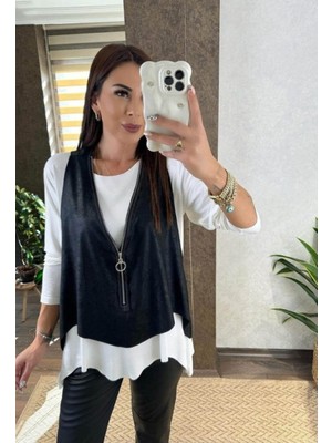 Marka Kadın Uzun Kollu Asimetrik Kesim Viskon Bluz ve Çatlak Deri Görünümlü Yelek Ikili Takım