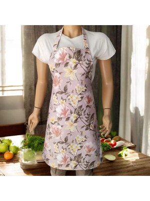 Düşler Ev Tekstili Çiçekli Desen Pudra Pembe Saten Ayarlanabilir Şef Mutfak Önlüğü