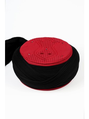 Sarıkhane Namaz Sarığı - Siyah Kumaş - Bordo Takke - Çapraz Sarım - Nâli Şerif - 7 Metre (Züabeli)