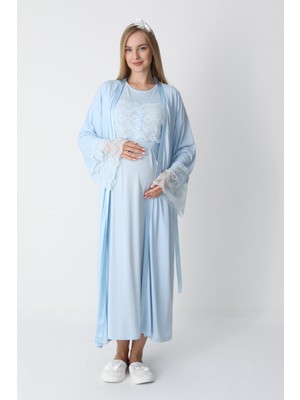 Erdeniz Tekstil Emzirmeli Hamile Lohusa Gecelik ve Sabahlık Seti / Gizli Düğmeli / Yumuşak Viskoz Pamuk/tesettür Uyumlu