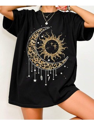 Texrium Leopar Ay Güneş Astronomi Oversize Pamuklu T-Shirt