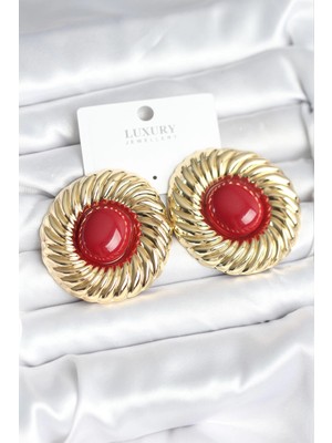 Flamex Pirinç Gold Renk Bordo Boncuklu Vintage Kadın Küpe