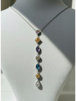 Atalya Accessory Çok Renk Taşlı Gümüş Renk Y Kadın Kolye – Sallantılı Zirkon Detaylı, Paslanmaz Çelik, Kararma Yapmaz