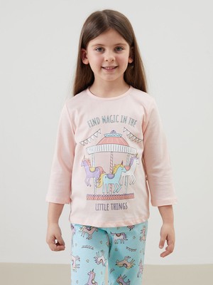 Lc Waikiki Yeni Sezon Bisiklet Yaka Baskılı Kız Çocuk Pijama Takımı