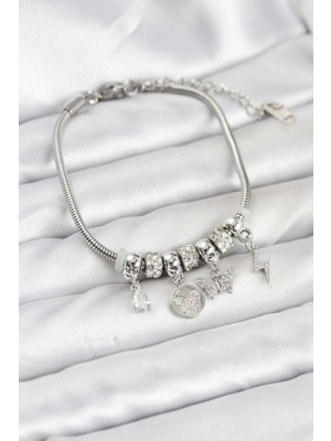 Flamex Pirinç Gümüş Renk Kelebek Charmlı Kadın Bileklik