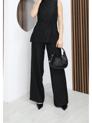 Moda Banuş Hakim Yaka Siyah Kadife Kumaş Takım - Bluz & Pantolon Ikili Kombin