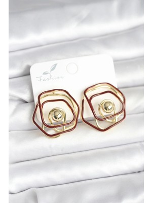 Flamex Pirinç Gold Renk Bordo Mineli Geometrik Gül Model Kadın Küpe