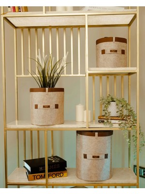 Flamex Deri Şeritli Yuvarlak Çok Amaçlı Düzenleyici Organizer Kutu Keçe Sepet (3'lü Set)