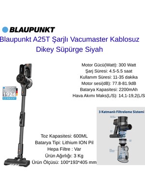 Blaupunkt  Şarjlı Vacumaster Kablosuz Dikey Süpürge Siyah (A25T) + Blaupunkt  Beyaz Kulak Içi Bluetooth Kulaklık Hediye