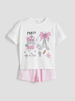 Lc Waikiki Yeni Sezon Bisiklet Yaka Paris Baskılı Kız Çocuk Şortlu Pijama Takımı