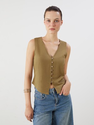 Lc Waikiki Yeni Sezon V Yaka Keten Karışımlı Kadın Klasik Yelek