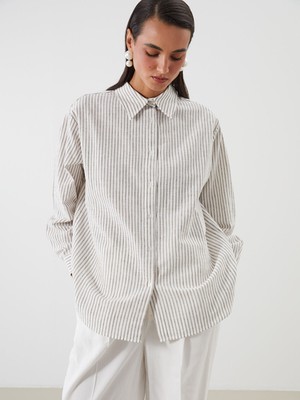 Lc Waikiki Yeni Sezon Çizgili Keten Karışımlı Kadın Gömlek Tunik