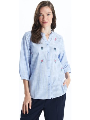 Lc Waikiki Yeni Sezon Kaçık Yaka Çizgili Poplin Kadın Gömlek