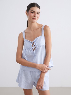 Lc Waikiki Yeni Sezon Kare Yaka Çizgili Kadın Şortlu Pijama Takımı