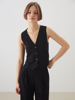 Lc Waikiki Yeni Sezon V Yaka Keten Karışımlı Kadın Klasik Yelek