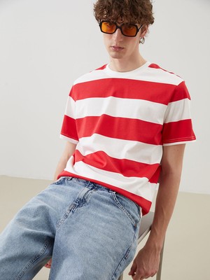 Lc Waikiki Yeni Sezon Bisiklet Yaka Çizgili Penye Erkek Tişört