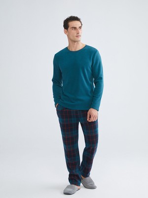 Lc Waikiki Ekose Desenli Polar Erkek Pijama Takımı Standart Kalıp Petrol Renk