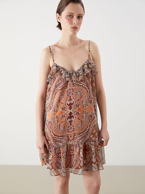 Lc Waikiki Yeni Sezon Fırfırlı V Yaka Etnik Desenli Mini Elbise