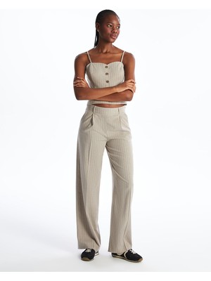Lc Waikiki Yeni Sezon Beli Fermuarlı Çizgili Keten Karışımlı Kadın Pantolon