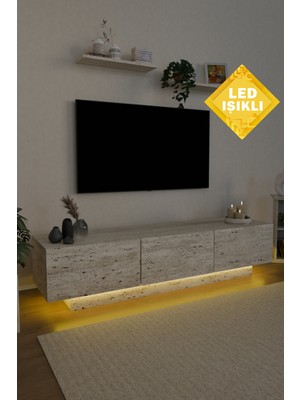 Estoria Home Terra LED Işıklı Traverten Mermer Tv Ünitesi Modern Uçan Tv Sehpası 3 Kapaklı Bohem Minimal Tasarım