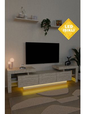 Estoria Home LED Işıklı Terra Tv Ünitesi 190CM Modern Kullanışlı 3 Kapaklı Raflı Uçan Tv Sehpası Traverten Desen