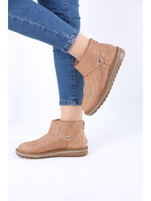 Kürklü Bot Kristal Taşlı Arka Fermuarlı ve Yan Çıtçıtlı Kısa Düz Taban Kışlık