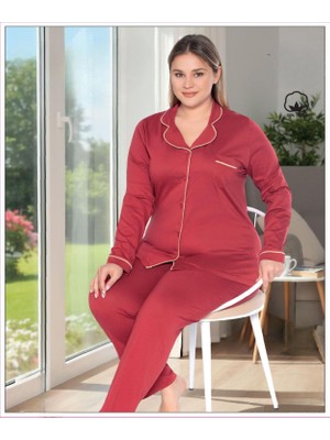 Melodi Kadın Büyük Beden %100 Pamuk Önden Düğmeli Uzun Kol Baharlık Pijama Takımı 17140- 1 Adet
