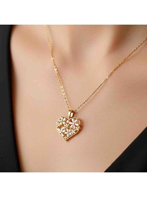 Bontexs Çiçek Motifli Zirkon Taşlı Kalp Kolye - Kararmaz Gold Kadın Zincir