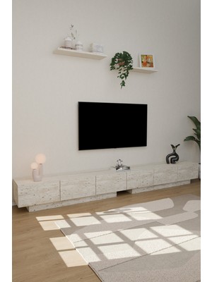 Estoria Home Terra Tv Ünitesi 260CM Modern Kullanışlı 6 Kapaklı Raflı Uçan Tv Sehpası Traverten Desen
