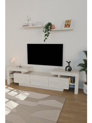 Estoria Home Terra Tv Ünitesi 190CM Modern Kullanışlı 3 Kapaklı Raflı Uçan Tv Sehpası Traverten Desen