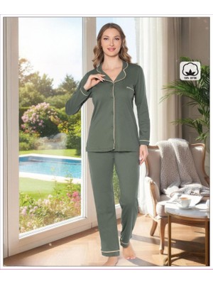 Melodi Kadın %100 Pamuk Önden Düğmeli Uzun Kol Baharlık Pijama Takımı 16218 - 1 Adet