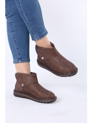 Kürklü Bot Kristal Taşlı Arka Fermuarlı ve Yan Çıtçıtlı Kısa Düz Taban Kışlık