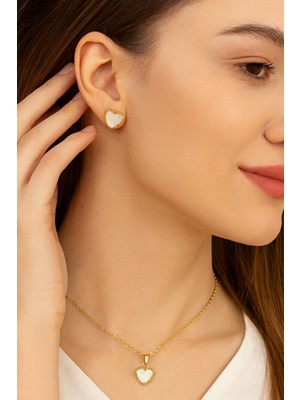 Girift Vintage Zemy Ekru Kalpli Kolye Küpe Seti