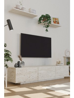 Estoria Home Terra Traverten Mermer Desen Tv Ünitesi Modern Uçan Tv Sehpası 3 Kapaklı Bohem Minimal Tasarım