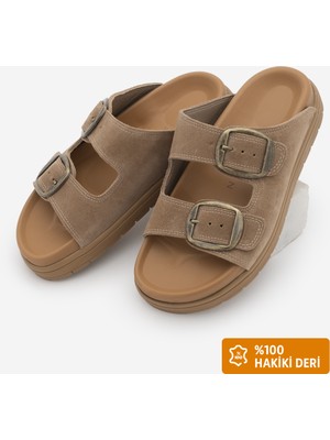 Marjin Kadın Hakiki Deri Tokalı Kalın Taban Günlük Terlik Rontes Camel Süet