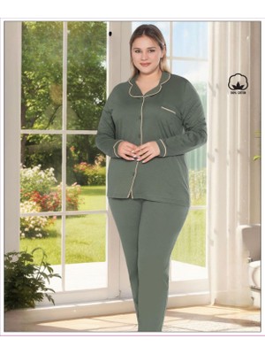 Melodi Kadın Büyük Beden %100 Pamuk Önden Düğmeli Uzun Kol Baharlık Pijama Takımı 17138- 1 Adet