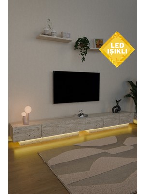 Estoria Home LED Işıklı Terra Tv Ünitesi 260CM Modern Kullanışlı 6 Kapaklı Raflı Uçan Tv Sehpası Traverten Desen