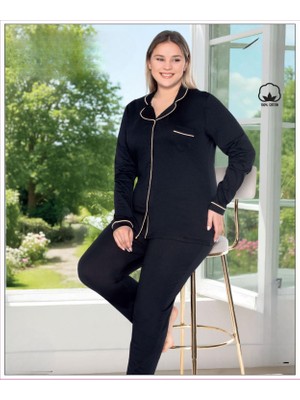 Melodi Kadın Büyük Beden %100 Pamuk Önden Düğmeli Uzun Kol Baharlık Pijama Takımı 17139- 1 Adet