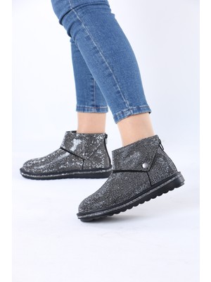 Lolyvibe Kürklü Bot Kristal Taşlı Arka Fermuarlı ve Yan Çıtçıtlı Kısa Düz Taban Kışlık